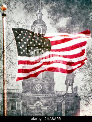 1970S KOMPOSIT-BILD DER UNABHÄNGIGKEITSHALLE VON PHILADELPHIA UND DER AMERIKANISCHEN FLAGGE - KH3283 HAR001 HARS STERNE UND STREIFEN ALTER RUHM PATRIOTISMUS ROT WEISS UND BLAU FEDERAL 4. JULI HAR001 UNABHÄNGIGKEITSTAG UNABHÄNGIGKEITSTAG UNABHÄNGIGKEITSHALLE UNABHÄNGIGKEITSNATIONALPARK JULI 4TH ALTMODISCH Stockfoto