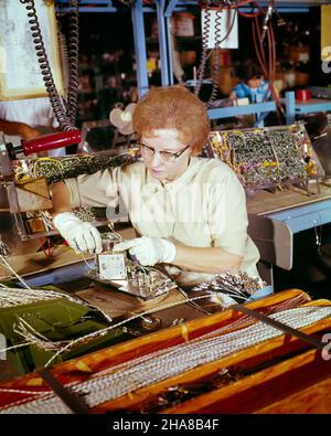1960S NAHAUFNAHME EINER FRAU MIT SCHUTZBRILLE UND ARBEITSHANDSCHUHEN, DIE TEILE VON FARBFERNSEHERN ZUSAMMENSTELLT - KI964 HAR001 HARS SICHERHEITSDRAHT WETTBEWERB INDUSTRIE LIFESTYLE ZUFRIEDENHEIT FRAUEN JOBS MONTAGE GROWNUP DRÄHTE USA KOPIEREN RAUM HALBE LÄNGE DAMEN PERSONEN VEREINIGTE STAATEN VON AMERIKA VERTRAUEN ERFOLG BLUE COLLAR GESCHICKLICHKEIT DEKOR BERUF FÄHIGKEITEN HIGH ANGLE ENTDECKUNG KARRIERE WISSEN FORTSCHRITT MONTAGE FLIESSBAND RICHTUNG INNOVATION ARBEIT STOLZ GELEGENHEIT BESCHÄFTIGUNG HERSTELLUNG BERUFE HIGH-TECH-SICHERHEITSBRILLE KOMPONENTEN ARBEIT KRAFT NAHAUFNAHME SETS STILVOLLE BAUMWOLLE HANDSCHUH Stockfoto