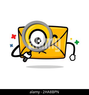 suche E-Mail-Konzept. Isoliert niedlichen Mail Cartoon Gesicht hält Lupe Vektor Illustration Stock Vektor