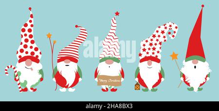 Set aus Weihnachtsgnome, skandinavischen nordischen Gnome, niedlichen Weihnachtsmann Gnome Elf. Vektorgrafik isoliert auf blauem Hintergrund. Weihnachtselemente für Stock Vektor