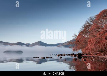 Objekte und Nebel auf dem Wasser Loch Lomond, Schottland Stockfoto