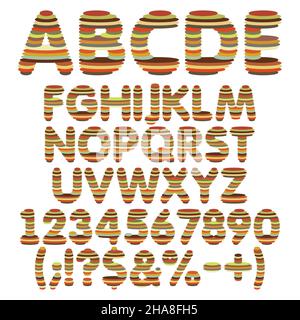 Farbalphabet, Buchstaben, Zahlen und Zeichen aus runden Schichten. Satz von vektorisolierten Objekten auf weißem Hintergrund. Stock Vektor