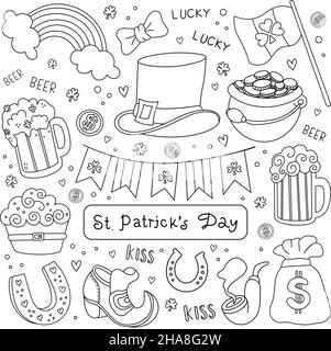 Handgezeichne St. Patricks Day Set. Vektorgrafik im Doodle-Stil isoliert auf dem Hintergrund. Dekor für Design, Karten, Banner, Plakate. Traditioneller Urlaub Stock Vektor