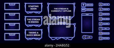 Set von modernen Design-Element für Overlay-Spiel Streaming-Bildschirm Panel. Blauer sehr peri Spielrahmen für Internet-Übertragung und Online-Video. Futuristisches li Stock Vektor
