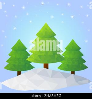 Low-Poly-Weihnachtsbäume aus Dreiecken auf blauem Hintergrund mit Sternen Stock Vektor