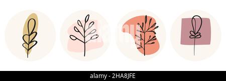 Eine Reihe von abstrakten Hintergrundbildern mit einer abgerundeten, minimalistischen Form in gedämpften Farben und einem Zweig mit Blättern oder einem Baum. Stock Vektor