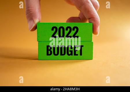 2022 Budget, Geschäftsmann hält Holzblock mit 2022 Budget Text darauf. Stockfoto