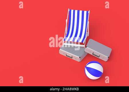 Koffer in der Nähe von gestreiften Strandliegen und Ball. Investitionen in Tourismusunternehmen. Sommerurlaub. Investitionen für Reiseunternehmen. Speicherplatz kopieren. 3D Rendern Stockfoto