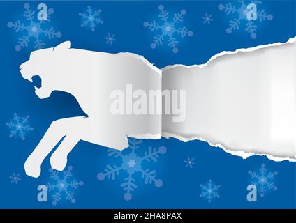 Papier Tiger Silhouette ripping Papier Hintergrund mit Schneeflocken. Abbildung der Bannervorlage, Jahr des Tigers. Platzieren Sie Ihren Text oder Ihr Bild. Stock Vektor
