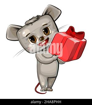 Baby Mouse trägt ein Geschenk an einen Freund. Rote Box mit Band und Schleife. Sommerwiese mit Blumen. Illustration für Kinder. Glückliches Kind Tier. Cartoon-Stil Stock Vektor