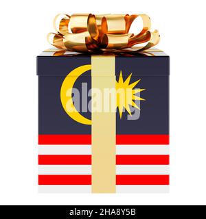 Geschenkbox mit malaysischer Flagge. Urlaub in Malaysia, Konzept. 3D Darstellung isoliert auf weißem Hintergrund Stockfoto