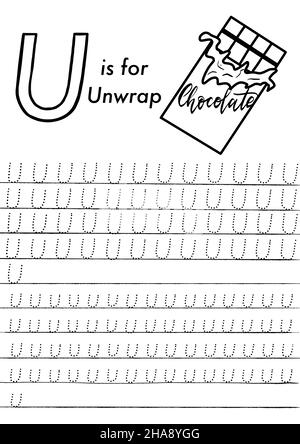 Arbeitsblatt zur ABC-Verfolgung von Weihnachten und Neujahr im Vorschulalter. Einfache pädagogische druckbare Spiel mit Färbung Bilder und Buchstaben. Kinder lernen Seiten. Stock Vektor