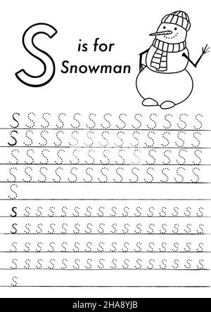 Arbeitsblatt zur ABC-Verfolgung von Weihnachten und Neujahr im Vorschulalter. Einfache pädagogische druckbare Spiel mit Färbung Bilder und Buchstaben. Kinder lernen Seiten. Stock Vektor