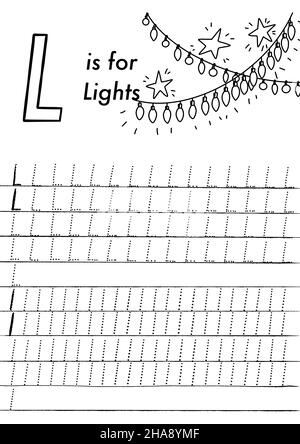 Arbeitsblatt zur ABC-Verfolgung von Weihnachten und Neujahr im Vorschulalter. Einfache pädagogische druckbare Spiel mit Färbung Bilder und Buchstaben. Kinder lernen Seiten. Stock Vektor