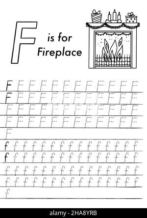 Arbeitsblatt zur ABC-Verfolgung von Weihnachten und Neujahr im Vorschulalter. Einfache pädagogische druckbare Spiel mit Färbung Bilder und Buchstaben. Kinder lernen Seiten. Stock Vektor