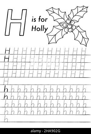 Arbeitsblatt zur ABC-Verfolgung von Weihnachten und Neujahr im Vorschulalter. Einfache pädagogische druckbare Spiel mit Färbung Bilder und Buchstaben. Kinder lernen Seiten. Stock Vektor