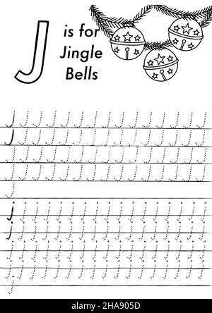 Arbeitsblatt zur ABC-Verfolgung von Weihnachten und Neujahr im Vorschulalter. Einfache pädagogische druckbare Spiel mit Färbung Bilder und Buchstaben. Kinder lernen Seiten. Stock Vektor