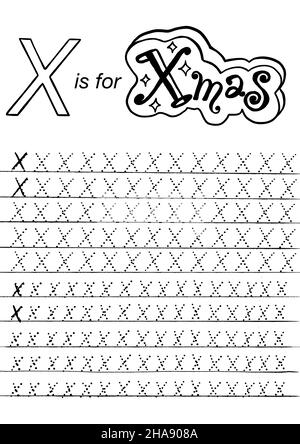 Arbeitsblatt zur ABC-Verfolgung von Weihnachten und Neujahr im Vorschulalter. Einfache pädagogische druckbare Spiel mit Färbung Bilder und Buchstaben. Kinder lernen Seiten. Stock Vektor