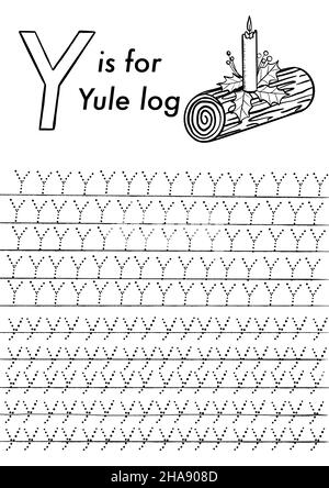 Arbeitsblatt zur ABC-Verfolgung von Weihnachten und Neujahr im Vorschulalter. Einfache pädagogische druckbare Spiel mit Färbung Bilder und Buchstaben. Kinder lernen Seiten. Stock Vektor