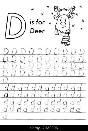 Arbeitsblatt zur ABC-Verfolgung von Weihnachten und Neujahr im Vorschulalter. Einfache pädagogische druckbare Spiel mit Färbung Bilder und Buchstaben. Kinder lernen Seiten. Stock Vektor