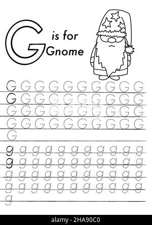 Arbeitsblatt zur ABC-Verfolgung von Weihnachten und Neujahr im Vorschulalter. Einfache pädagogische druckbare Spiel mit Färbung Bilder und Buchstaben. Kinder lernen Seiten. Stock Vektor