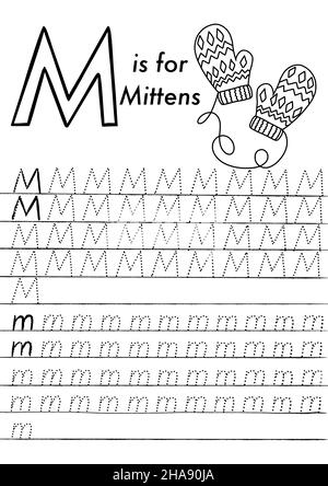 Arbeitsblatt zur ABC-Verfolgung von Weihnachten und Neujahr im Vorschulalter. Einfache pädagogische druckbare Spiel mit Färbung Bilder und Buchstaben. Kinder lernen Seiten. Stock Vektor
