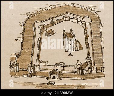 Der Turm von London zur Zeit von König Heinrich VIII. (1491 – 1547) mit Donjon als A. bekannt offiziell als her Majesty's Royal Palace und Fortress of the Tower of London in der Neuzeit, steht die historische Burg am Nordufer der Themse im Zentrum von London. Es beherbergt die englischen Kronjuwelen und wurde als Gefängnis genutzt. Die äußere Mauer wird in der Anglo-Saxon Chronicle erwähnt, die besagt, dass König Wilhelm II. 1097 eine Mauer um den Tower of London herum errichten ließ; Stockfoto