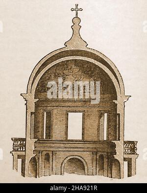 Eine Illustration eines Querschnitts des Doms von San Pietro in Montorio (Sankt Peter auf dem Goldenen Berg) aus dem späten 19th. Jahrhundert in Rom, Italien. Es soll an der Stelle der Kreuzigung des heiligen Petrus errichtet worden sein. Es beherbergt auch das Grab von vier irischen Männern, Hugh O'Neill, 2nd Earl of Tyrone und seinem Sohn Hugh, der ihn erleichterte, geteilt mit Rory O'Donnell, 1st Earl of Tyrconnell, und seinem Bruder Cathbharr, beide jüngere Brüder des roten Vorgängers Hugh O'Donnell. Alle flohen 1607 aus Irland. Stockfoto