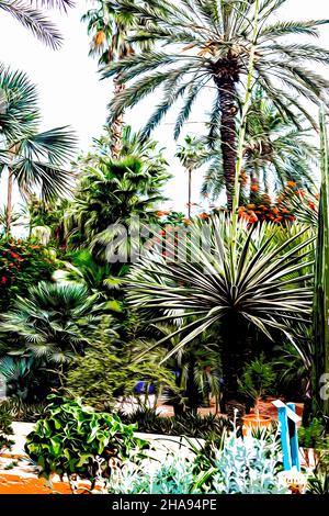 Abbildung. Herrlicher tropischer Garten mit verschiedenen Palmenarten und Kakteen Le Jardin Majorelle. Marrakesch, Marokko Stockfoto