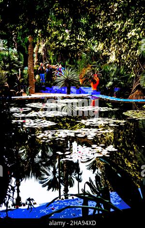 Abbildung. Erstaunlicher tropischer botanischer Garten mit verschiedenen Arten von Pflanzen, Palmen und Kakteen Le Jardin Majorelle. Stockfoto