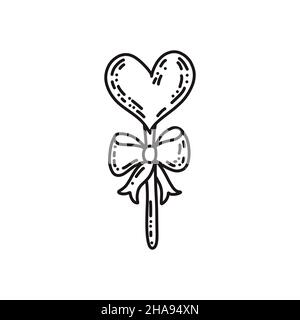 Herzförmiger Lollypop mit niedlicher Schleife isoliert auf weißem Hintergrund. Handgezeichnete skizzenhafte Vektorgrafik im Doodle-Stil Stock Vektor