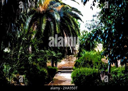 Abbildung. Toller tropischer Garten mit Springbrunnen und verschiedenen Palmen. Marrakesch, Marokko Stockfoto
