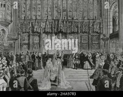 Heirat des Herzogs von Albany (27th. April 1882). Leopold, Herzog von Albany (1853-1884), das achte Kind von Königin Victoria und Prinz Albert. Er heiratete Prinzessin Helena von Waldeck und Pyrmont (1861-1922) in der St. George's Chapel im Windsor Castle (England). Hochzeitszeremonie. Gravur von Capuz. La Ilustración Española y Americana, 1882. Stockfoto