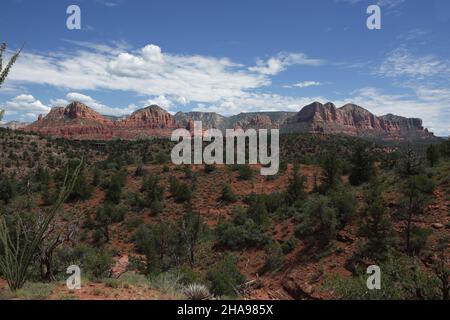 Blick auf die roten Sandsteinbüttern, Türme und Zinnen von Chicken Point in Sedona, Arizona. Stockfoto