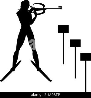Biathlon Frauen Athlet Silhouette mit einem Gewehr Vektor Illustration zielen Stock Vektor