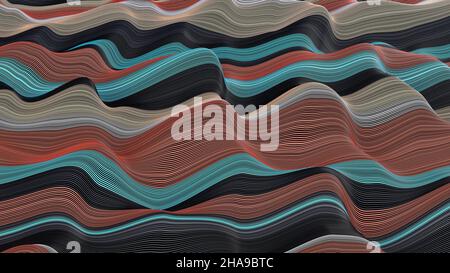 3D Rendering von cyan und braun gewebten Linien. Abstrakter Hintergrund mit mehrfarbigen dynamischen Wellen Stockfoto