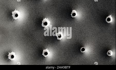 Einschusslöcher in Metall. Konzept, Einsatz von Schusswaffen. Nahaufnahme, selektiver Fokus. Stockfoto