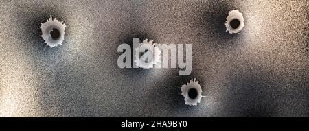 Einschusslöcher in Metall. Konzept, Einsatz von Schusswaffen. Nahaufnahme, selektiver Fokus. Stockfoto