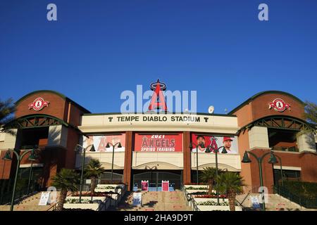 Eine allgemeine Ansicht des Tempe Diablo Stadions, Dienstag, 2. März 2021, in Tempe, Arizona. Der Komplex ist das Frühjahrstraining der Los Angeles Angels. Stockfoto