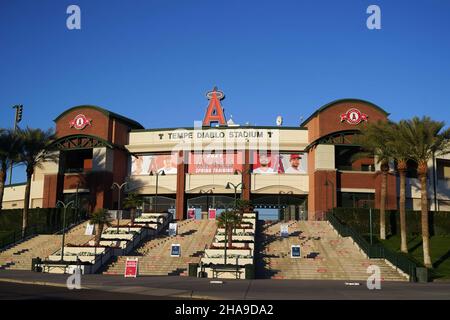 Eine allgemeine Ansicht des Tempe Diablo Stadions, Dienstag, 2. März 2021, in Tempe, Arizona. Der Komplex ist das Frühjahrstraining der Los Angeles Angels. Stockfoto