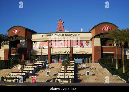 Eine allgemeine Ansicht des Tempe Diablo Stadions, Dienstag, 2. März 2021, in Tempe, Arizona. Der Komplex ist das Frühjahrstraining der Los Angeles Angels. Stockfoto