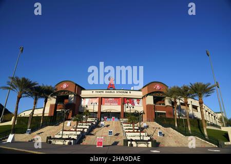 Eine allgemeine Ansicht des Tempe Diablo Stadions, Dienstag, 2. März 2021, in Tempe, Arizona. Der Komplex ist das Frühjahrstraining der Los Angeles Angels. Stockfoto