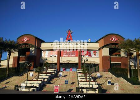 Eine allgemeine Ansicht des Tempe Diablo Stadions, Dienstag, 2. März 2021, in Tempe, Arizona. Der Komplex ist das Frühjahrstraining der Los Angeles Angels. Stockfoto