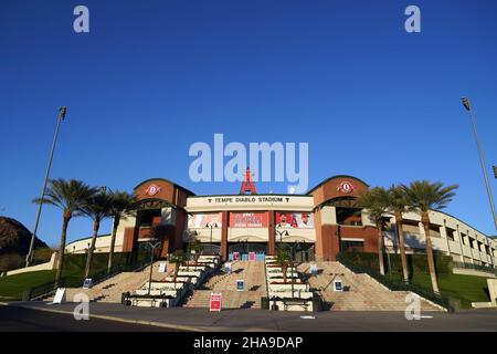 Eine allgemeine Ansicht des Tempe Diablo Stadions, Dienstag, 2. März 2021, in Tempe, Arizona. Der Komplex ist das Frühjahrstraining der Los Angeles Angels. Stockfoto