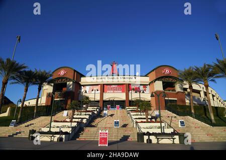 Eine allgemeine Ansicht des Tempe Diablo Stadions, Dienstag, 2. März 2021, in Tempe, Arizona. Der Komplex ist das Frühjahrstraining der Los Angeles Angels. Stockfoto