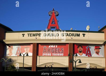 Eine allgemeine Ansicht des Tempe Diablo Stadions, Dienstag, 2. März 2021, in Tempe, Arizona. Der Komplex ist das Frühjahrstraining der Los Angeles Angels. Stockfoto