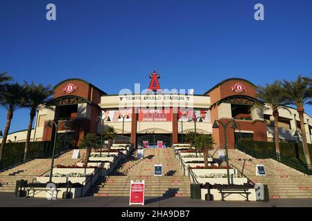 Eine allgemeine Ansicht des Tempe Diablo Stadions, Dienstag, 2. März 2021, in Tempe, Arizona. Der Komplex ist das Frühjahrstraining der Los Angeles Angels. Stockfoto