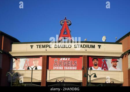 Eine allgemeine Ansicht des Tempe Diablo Stadions, Dienstag, 2. März 2021, in Tempe, Arizona. Der Komplex ist das Frühjahrstraining der Los Angeles Angels. Stockfoto