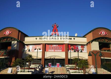 Eine allgemeine Ansicht des Tempe Diablo Stadions, Dienstag, 2. März 2021, in Tempe, Arizona. Der Komplex ist das Frühjahrstraining der Los Angeles Angels. Stockfoto