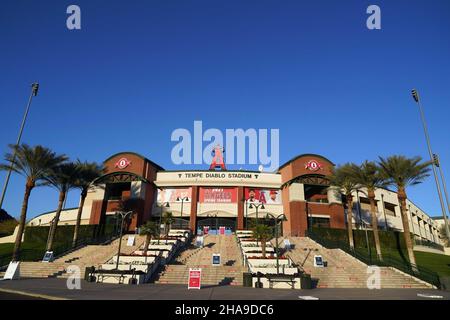 Eine allgemeine Ansicht des Tempe Diablo Stadions, Dienstag, 2. März 2021, in Tempe, Arizona. Der Komplex ist das Frühjahrstraining der Los Angeles Angels. Stockfoto